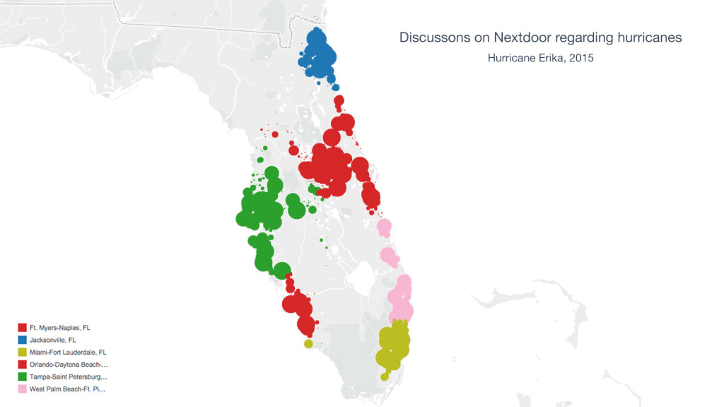 Discussions on Nextdoor regarding hurricanes as Erika approached, and eventually hit Florida as a tropical storm. Larger dots indicate a greater volume of conversations.