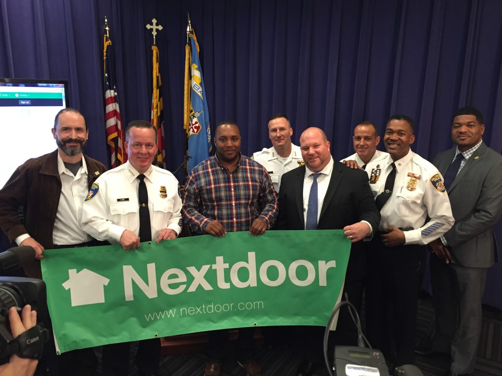 Baltimore resident Robert Yocham, Baltimore Police Commissioner Kevin Davis, Baltimore resident and Nextdoor Founding Member and Lead, Earl Johnson, and Nextdoor’s Joseph Porcelli. 