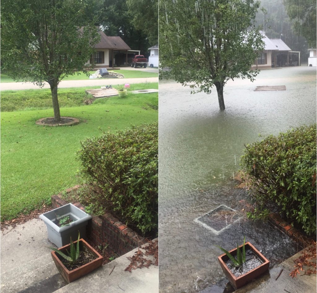 Lindsey’s front yard before and during the flooding.