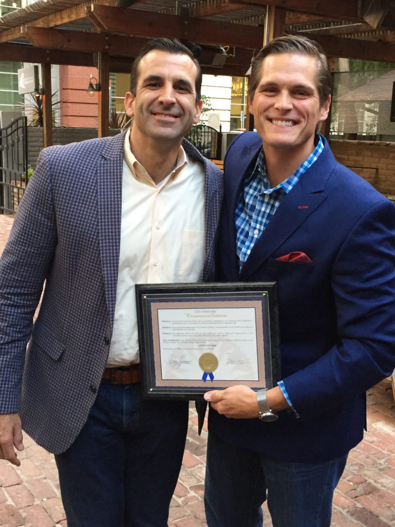 Steve Wymer (right) with San Jose Mayor Sam Liccardo receiving a commendation for his community service in San Jose.